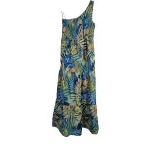 Hawaiian Maxi Dress Tiered One Shoulder Blue Green Tropical Resort Summer Small